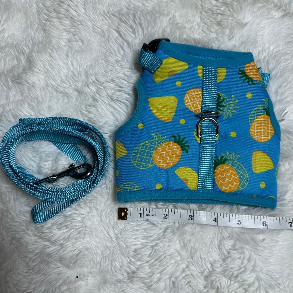 Large (16-25 Ibs) Dog Harness with matching Leash. Blue and Pineapples.
